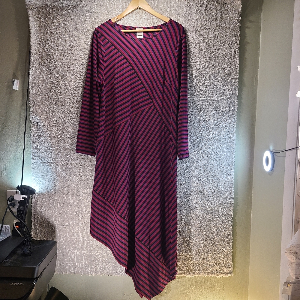 Chico's Purple Pink Asymmetrical Hem Striped Long Sleeves Maxi Dress 2, 12, 14